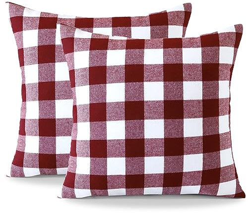 Ohok Dekorativ Vintage Kissenbezug, Polyester Leinen Plaid Zierkissenbezüge, Deko Sofakissen Couchkissen Kissenhülle Set für Schlafzimmer Wohnzimmer Sofa Couch Auto (40x40 cm, 2 Stück Rot-Weiβ)