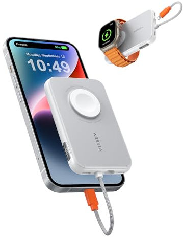 VEGER Power Bank Fast Charger 20W,Built-in iPhone Cable Powerbank,5000mAh Portable Charger USB C Input & Output Battery Pack for iPhone Watch(Supports Wireless Charging) Samsung Huawei etc