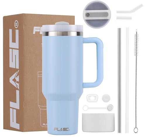 FLASC Quench - Bicchiere H2.0 con manico, cannuccia, detergente e manica, a prova di perdite, in acciaio inox, a doppia parete, thermos, tazza, coperchio di nuova generazione (celeste)