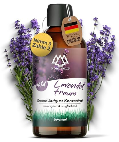 NORDHOLZ® Saunaaufguss [54 Sorten 15ml, 100ml, 250ml] - Sauna Aufgussmittel für intensive & erholsame - Sauna Zubehör (#14 Lavendeltraum, 100ml)