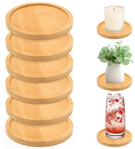 RAFIYU 6 portavelas de pilar, platos redondos para velas, posavasos decorativos, portavelas de bambú para velas de barra, posavasos decorativos para salón, soporte para velas, bandeja para velas