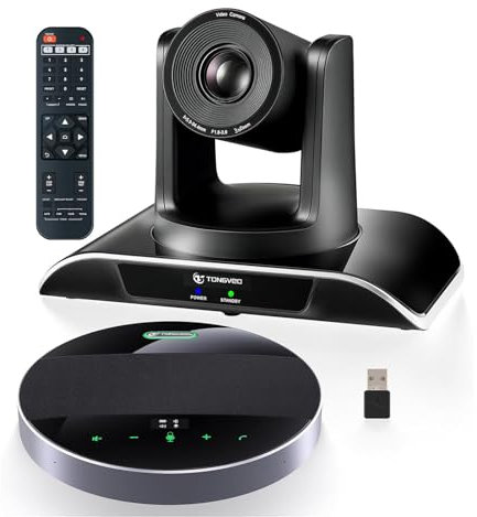 TONGVEO Telecamera per sala conferenze all-in-1 e combinazione di microfono Bluetooth, 1080P 60 fps, zoom ottico 3x, USB 3.0 HDMI, telecamera PTZ e vivavoce per conferenze con microfoni