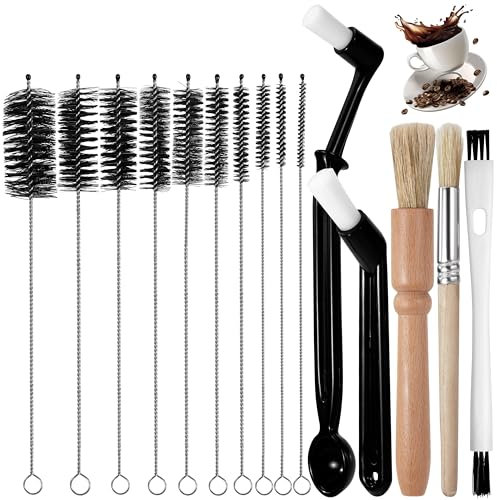 Cepillo Limpiar Cafetera, 15 Piezas Set de Limpieza para Máquina y Molinillo de Café, Mango de Madera y Cerdas Naturales, Herramienta de Barista para Espresso