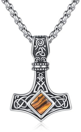 ZIPPICE Thors Hammer Halskette 925 Sterling Silber Wikinger Keltischer Kette Mjölnir Anhänger Wikinger Anhänger Unisex Schmuck Schmuck Geschenk für Damen Frauen Mama Freundin (Tigerauge Stein)