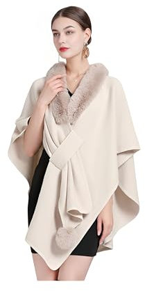Proumhang Damen Kunstpelz Cape Wrap Shrug Wolle Winter Warm Stola Schal Modischer eleganter gestrickter Cardigan Poncho mit offener Front Einheitsgröße Beige