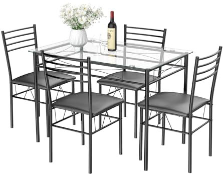 GIANTEX Juego de mesa y sillas de comedor, mesa de comedor con sillas, juego de mesa de comedor con 4 sillas, mesa de cristal, sillas de comedor, pata de metal, para comedor, cocina y sala de estar