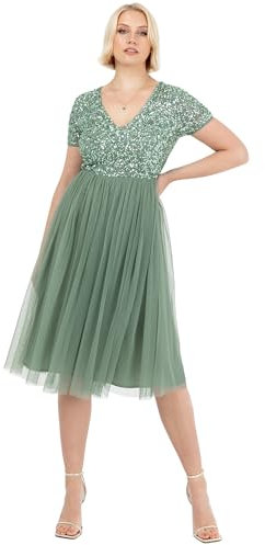 Maya Deluxe Damen Embellished Midi Evening Dress Women Ladies V Neckline with Short Sleeve for Prom Wedding Brautjungfernkleid, Deep Mint, 48