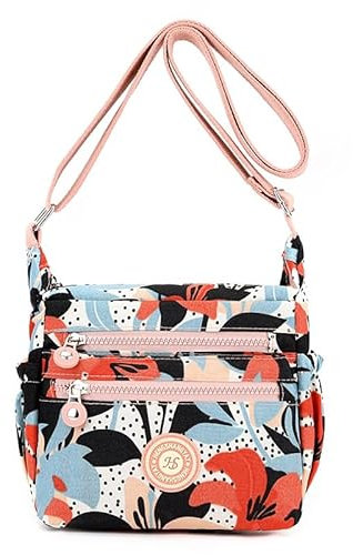 YYW Womens Multi-Pocket Casual Cross-Body Bags Waterproof Nylon Shoulder Bags Messenger Handbag for Shopping Hiking Daily Use (M-Red Lilies)