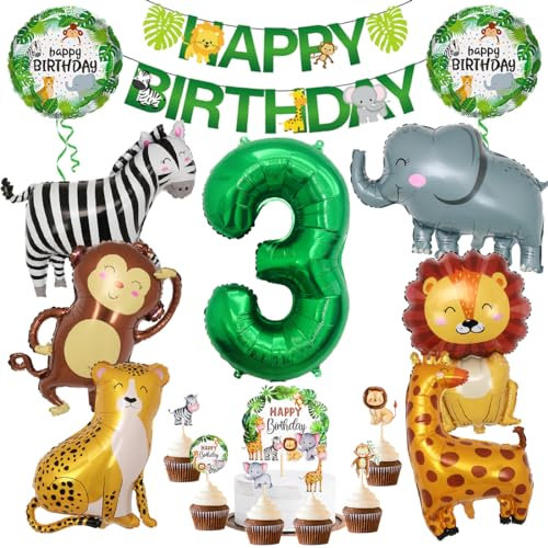 Dschungel Deko 3 Geburtstag, 3 jahr Kinder Geburtstagsdeko, Safari Tiere Folienballon 3, 17 Stück Wild Party Geburtstags Dekoration, Waldtiere Grüner Luftballon für Mädchen Junge Kinder Geburtstag
