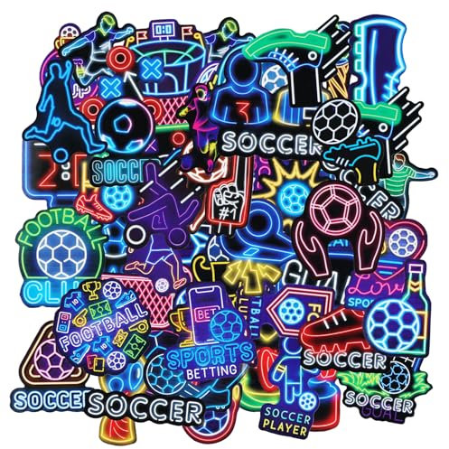 PEUTIER Neon Fußball-Aufkleber, 50 Stk, Wasserfest, PVC-Kleber, Neonfarbe, Cartoon-Muster, Outdoor, Aufkleber für Sammelalben