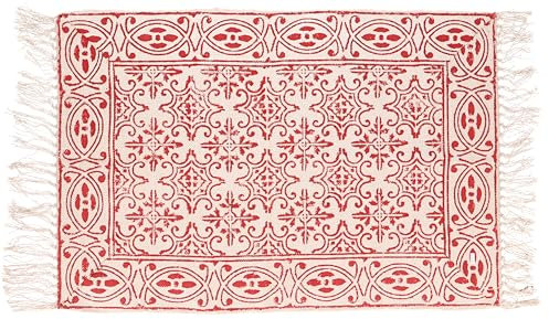 Handgewebter Blockdruck Teppich, indischer Baumwollteppich, weiß/rot