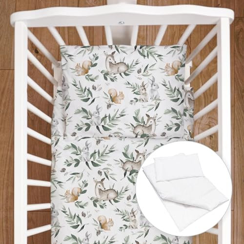 4 Piece Duvet Pillow Duvet Cover Pillowcase Baby 80x70 cm Bedding Set for Crib Bedside Crib or Travel Cot (Forest)