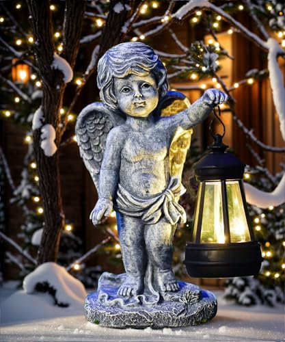 Yeomoo Angel Figuren mit Solarlampen Gartendeko für Draußen - Engel Figur Geschenke für Frauen Mama Männer Solar Deko für Außen Little Angel Figuren für Garten Balkon Wetterfest Deko Wohnzimmer Grau