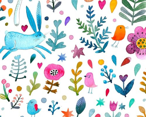 Little Johnny Digitaler Baumwollstoff aus 100 % Baumwolle, Motiv: Osterwald, Kaninchen, 150 x 100 cm, ideal für Handwerk, Quilten, Schneidern, Osterprojekte, Nähen, Patchwork (Meterware,