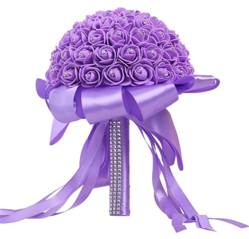 Wisafory Bouquet da sposa, bouquet di nozze, romantici fiori artificiali, con bel nastro, fiori di seta, bouquet di rose per matrimoni, feste, con decorazione di perle, viola