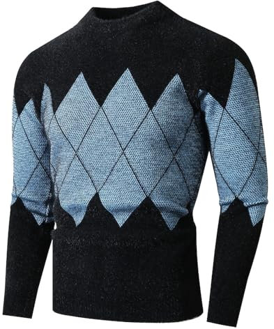 Foweknow Knitted Jumper Men's Colour Block Patchwork Pullover Argyle Print Slim Fit Winter Jumper for Men Long Sleeve Fashionable Outdoor Jacket Simplicity Versatile Streetwear Vest, blue, 3XL