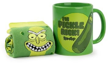 Rick and Morty Set de Taza y Calcetines para Hombres | Adultos Calcetines de Media Pantorrilla con Gráfico de Pickle Rick Verde y Taza de Cerámica | Taza para Bebidas Calientes de Rick Sanchez