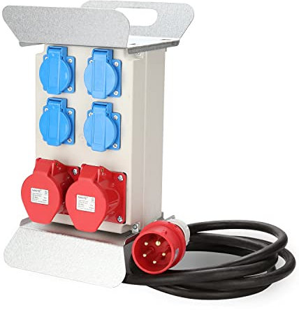 Hebitod Distributore di corrente di costruzione, 2 x CEE 16 A 400 V + 4 x 230 V Schuko IP44 5 poli con cavo di alimentazione da 2,5 m con coperchio di sicurezza per cantieri