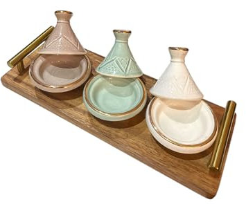 Lot de 3 Mini Tajines avec Plateau – Artisanat Marocain pour Condiments et Sauces (Or 12 Carats/MODELE 02)