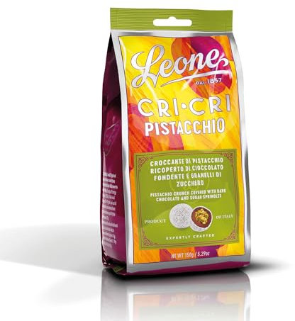 Leone dal 1857 - Sacchetto Cri Cri Torinesi Fondenti al Pistacchio - Cioccolatini Fondenti con Cuore di Croccante al Pistacchio Ricoperti di Granella di Zucchero - Senza Glutine - Sacchetto da 150g
