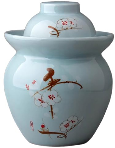 DECORN Hand-Painted Traditional Chinese Porcelain Pickle Jar, Ceramic Fermentation Crock Pickling Pot, Fermenting Jar with Water Seal Airlock Lid, Stoneware Fermenter for Kimchi Saue,B,0.5kg