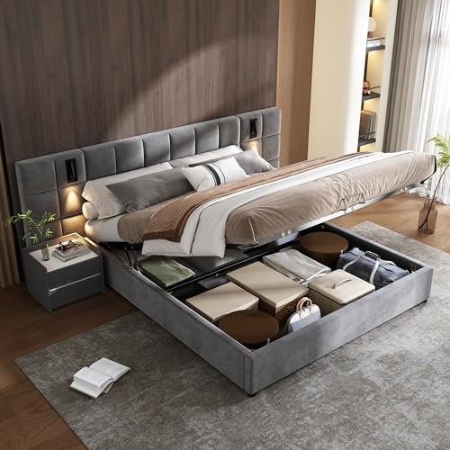 4ft6 Double Bed Frame Upholstered Ottoman Bed with Hydraulic Storage & Wide Headboard, Velvet Grey Functional Gas Lift Storage Beds with Directional Lamp and USB Charging, Bounce Sprung Slats Base