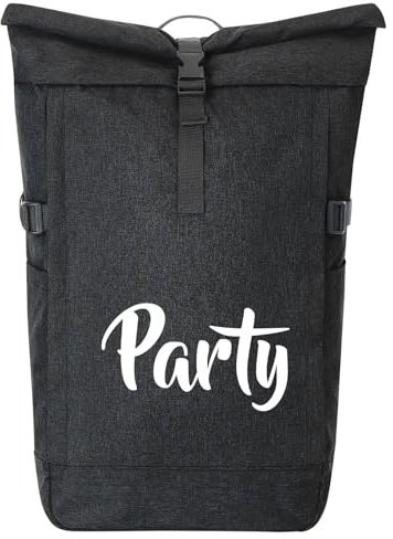 Huuraa Kurierrucksack Party Schriftzug 30-44 Liter Black Melange Fairtrade Rolltop Rucksack Geschenkidee