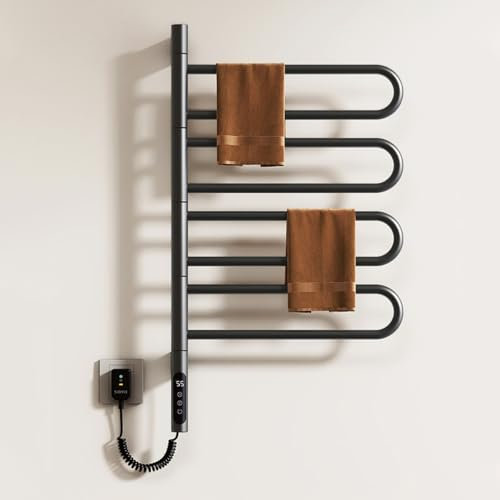 DOKKOME 180°Drehung Handtuchheizkörper Elektrisch Bad Handtuchtrockner Elektrisch Handtuchwärmer Elektrisch Badheizkörper Heizkörper 130w Mit Timer Und Thermostat 30-70℃ (Schwraz Rundrohr)