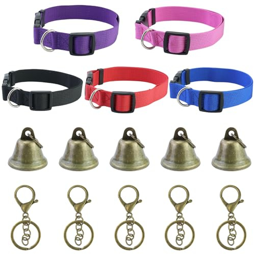 5 Stück Ziegenhalsbänder, verstellbares Haustierhalsband mit Glocke, klassisches verstellbares Hundehalsband, mit 5 Stück Schlüsselanhänger, für Katzen, Hunde, Ziegen, Schafe (5 Farben)