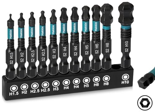 Hakkin 11 Stück 50 mm Kugelkopf Sechskant Bit Set Lang Ball End Hex Schraubendreher 1/4 S2 Magnetischen Schraubenzieher Hex Innensechskant Bitsatz für Akkuschrauber H1,5/H2/H2,5/H3/H4/H5/H6/H8/H10