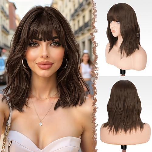 FESHFEN Wellig Bob Perücke mit Pony, Mix Braun Schulterlänge Perücken für Damen Frauen Synthetik Kunsthaar Wavy Haarperücke für Damen Alltag Karneval Fasching 35cm