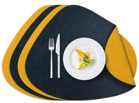 AiiBowy Tischsets Abwaschbar 4er Set, Platzsets Lederoptik - Doppelseitigen, Hitzebeständig, rutschfest, Wasserdicht, Abgrifffeste - Platzdecken PU, Platzdeckchen: 34x42.5cm (Oval, Blau+Gelb)