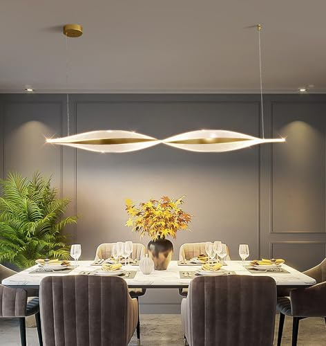 DDYY Dimmbare LED Pendelleuchte,golden Hängeleuchte mit Fernbedienung,3000K-6000K,Hängelampe Linear Design,Hängend 120Cm Höhenverstellbar Kronleuchter Für Esszimmer Küche Esstisch Lampe (100cm/30w)
