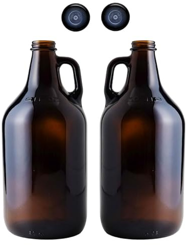 FastRack 64oz Amber Glass Growlers with Polyseal Caps (2 Pack) | Half Gallon (1/2 Gallon) Beer Growler Jugs for Home Brewing, Wine, Cider & Kombucha – Reusable Amber Glass Jugs for Beverage Storage