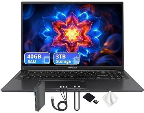 ASUS Vivobook - Computer portatile WUXGA da 16, Intel i7-1355U, RAM DDR4 da 40 GB, scheda grafica Intel Iris Xe, archiviazione da 3 TB (2 TB PCIe SSD e docking station da 1 TB), tastiera