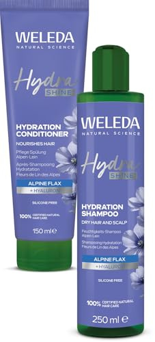 WELEDA Bio Hydra Shine Shampoo & Conditioner Set – Naturkosmetik Haarpflege mit Hyaluronsäure & Alpen-Lein für trockenes & strapaziertes Haar - Anti-Frizz & Repair (ohne Silikone/Parabene, vegan)