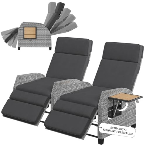 STEELSØN Caelum Polyrattan Sessel mit Liegefunktion 2er – Relaxsessel verstellbare Rückenlehne und Ausklapptisch – Liegestuhl mit Dicker Polsterung – Gartenliege wetterfest Terrasse/Balkon - grau