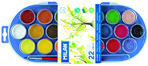 MILAN- Étui de 22 pastilles d'aquarelles Ø30 mm avec Pinceau, M80022, Multi-Couleur, Medium
