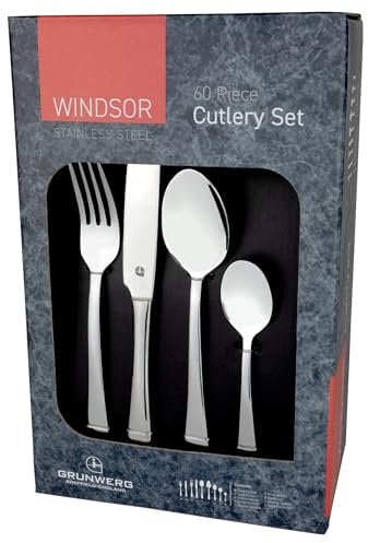 Grunwerg Windsor Carded 60-Piece Boxed Mirror Cutlery Set 60BXWDR, 18/0 Stainless Steel