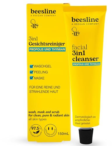 BEESLINE Facial 3in1 Cleanser - Propolis & Thyme, Reinigungsgel mit Bienenharz und Thymian, Waschgel gegen unreine Haut, Scrub, Mask, reinigende Gesichtspflege, Reinigung für Gesicht, beegan