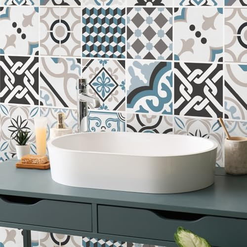 RE-COVERTILES - 15 Pcs Carrelage Autocollant 20x20 cm PS00054 Mosaïque de Azulejos Autocollant Mural Décorative à Carreaux de Ciment pour Salle de Bains et Cuisine Stickers Peel and Stick