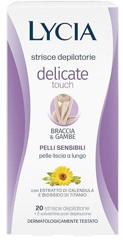 Lycia - Strisce Depilatorie Gambe e Braccia, Delicate Touch, Con Biossido di titanio ed estratto di calendula, Senza Profumo, Coloranti e Conservanti, 20 Strisce