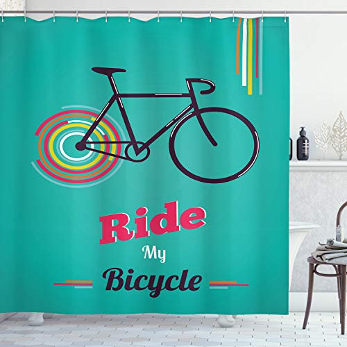 ABAKUHAUS Fahrrad Duschvorhang, Retro Fahrrad-Entwurf, Stoffliches Gewebe Badezimmerdekorationsset mit Haken, 175 x 180 cm, Schwarz Pink Teal