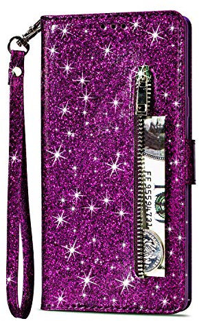Yobby Glitzer Brieftasche Hülle für Samsung Galaxy S8, Samsung Galaxy S8 Lila Handyhülle Bling Slim Reißverschluss Leder Schutzhülle Flipcase [Stand-Funktion] mit Kartenfach und Handschlaufe