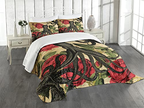 ABAKUHAUS Tintenfisch Tagesdecke Set, Roses Marinetier, Set mit Kissenbezügen Waschbar, für Doppelbetten 220 x 220 cm, Braun Anthrazit
