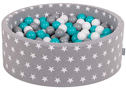 KiddyMoon Rund Bällebad Bällepool 90X30cm/200 Bälle ∅ 7Cm Sterne-Muster Ballgruben Für Babys Spielbad Kleinkinder, Hergestellt In Der EU, Grausterne: Grau/Weiß/Türkis