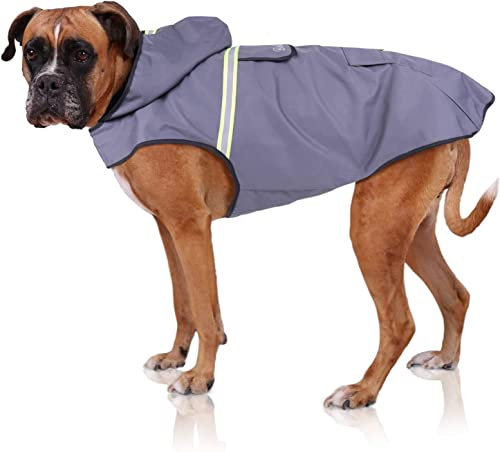 Bella & Balu Hunderegenmantel - Wasserdichter Hundemantel mit Kapuze und Reflektoren für trockene, sichere Gassigänge, den Hundespielplatz und den Urlaub mit Hund (L - Grau)