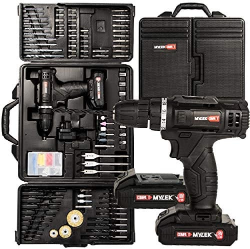 MYLEK MYBMC092 18V Cordless Drill Electric Driver Set, Lithium Ion Battery, 18 Volt Combi Screwdriver Pack, Black, 151 DIY Piece Accessory Kit and Carry Case (18v Drill Kit and Two Batteries)
