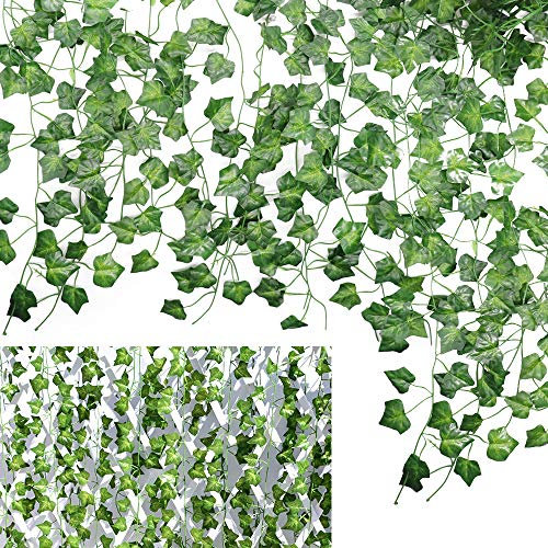 Künstliche Efeublätter Rebe,12 Stück Gefälschte Grüne Efeupflanze,Hängende Girlandenpflanzen für Hausküche Gartenrestaurant Hochzeitsfeier Wanddekoration
