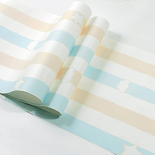Papier peint non tissé pour chambre d'enfant Motif rayures verticales et nuages et étoiles Bleu 50 x 100 cm